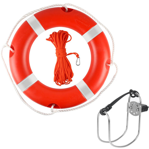 Boia de Salvamento 28" com Fita Reflexiva e Cordas de Agarre - Boia Salva-vidas Laranja para Barcos com Suporte e Corda Flutuante para Salvamento